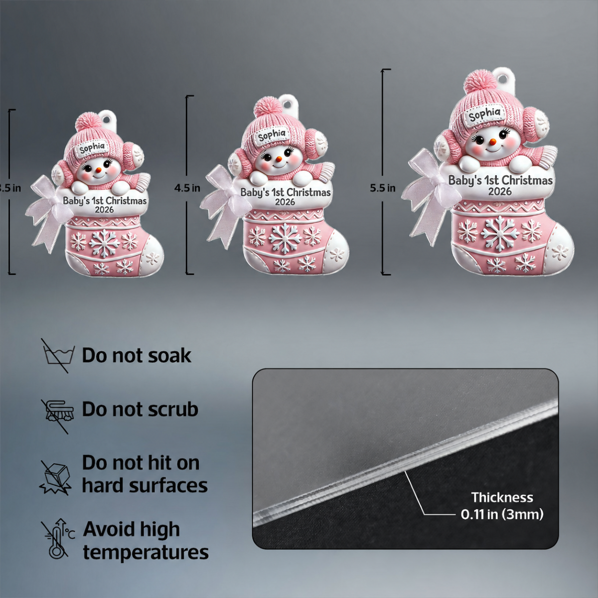 3D Effect Snowbaby On Stocking Baby's 1st Christmas Keepsake Personalized Acrylic Flat Ornament