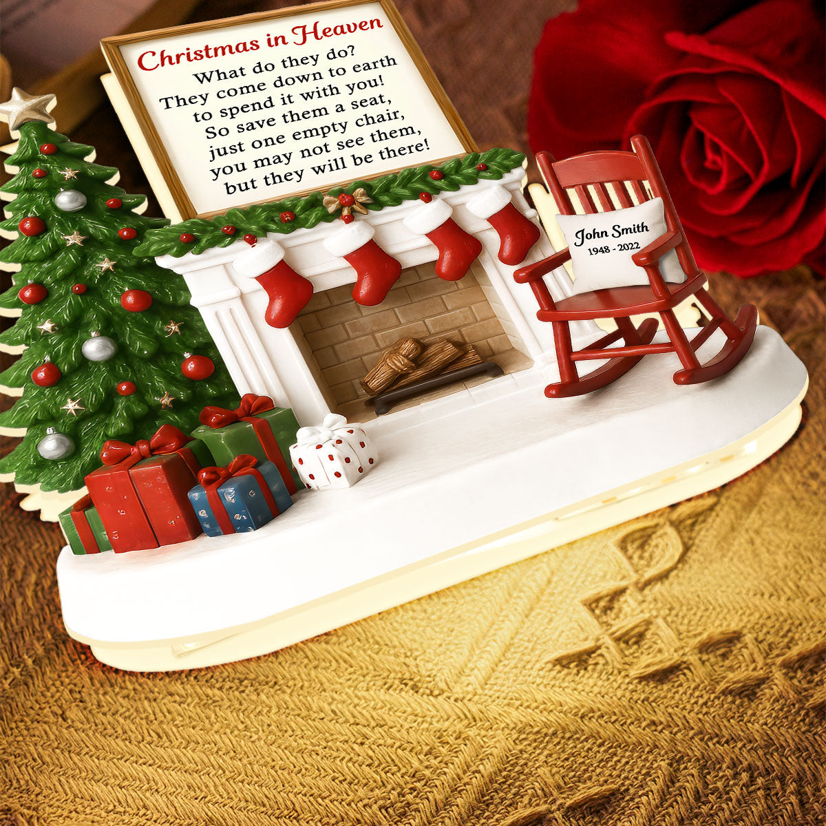3D Effect Christmas In Heaven Chair At Fireplace - Personalized Light Box - Christmas Memorial Keepsake For Family