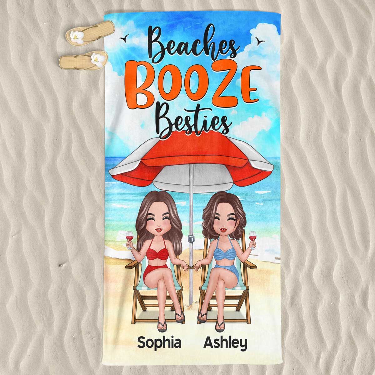Doll Besties Sisters Under Umbrella Personalized Beach Towel