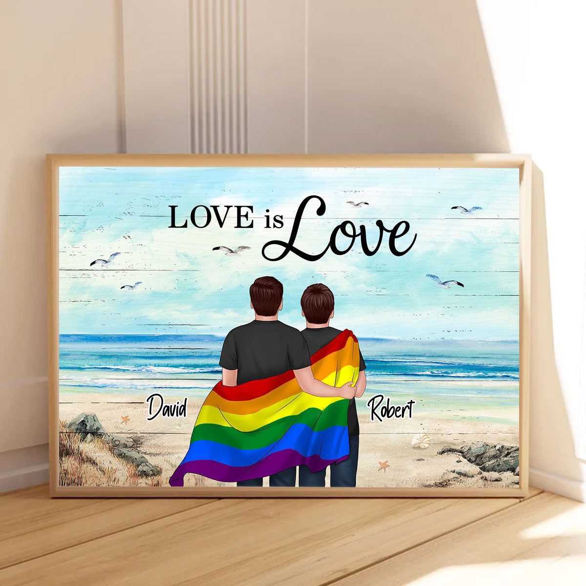 LGBTQ Couple Flag Beach Landscape Personalized Poster, Pride Month gift
