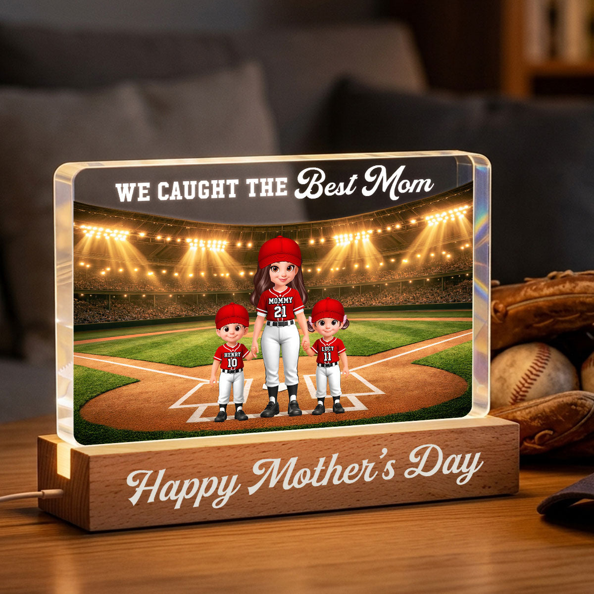 We Caught The Best Baseball Mom - Personalized Acrylic Block LED Night Light - Mother's Day Gift For Baseball Mom, Wife