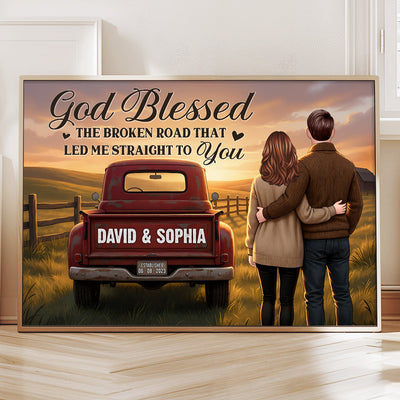 Rustic Nostalgia Red Pickup Truck Couple Together Farmhouse Decor - Personalized Poster - Heartfelt Valentine, Anniversary Gift For Him, For Her