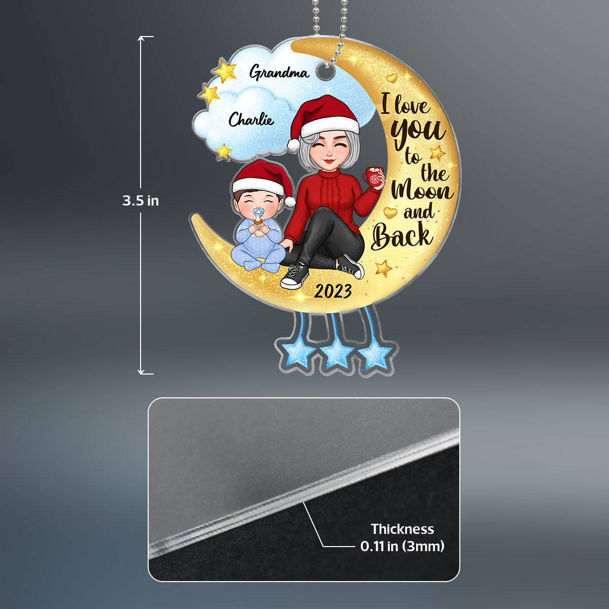 Cute Grandma & Grandkid Sitting On Moon And Cloud Personalized Acrylic Ornament