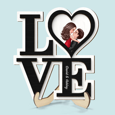 LOVE Stacked Couple Hugging Kissing  Gift For Him Gift For Her Personalized 2-layer Wooden Plaque