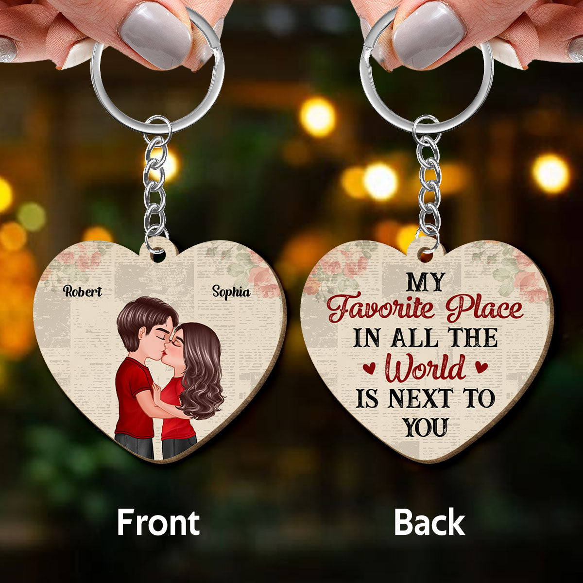 Favorite Place In All The World Couple Kissing Personalized Heart Shaped Wooden Keychain