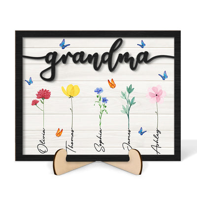 Grandma Grandkids Watercolor Flowers Personalized 2-Layered Wooden Plaque