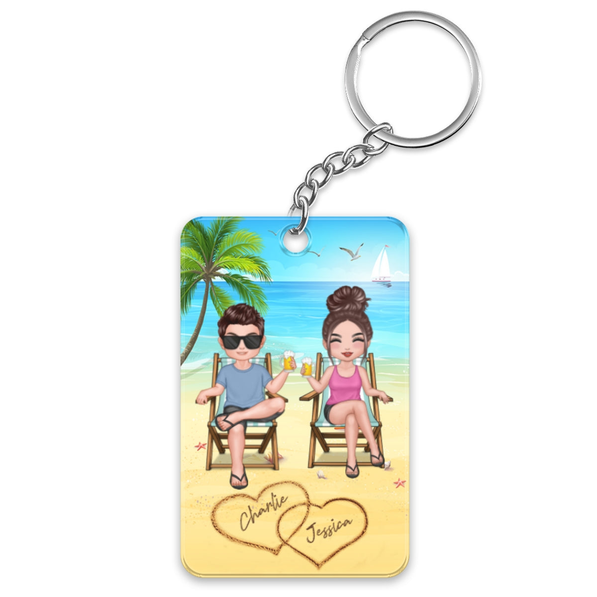 Summer Doll Couple Sitting On The Beach Personalized Acrylic Keychain