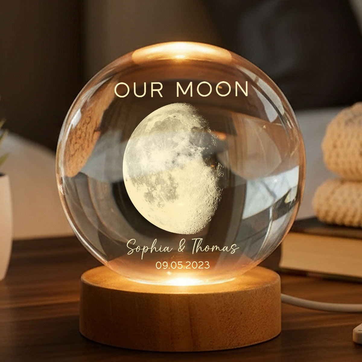 Our Moon Special Day Custom Moon Phase - Personalized Crystal Ball LED Night Light - Valentine's Day Gift For Couple
