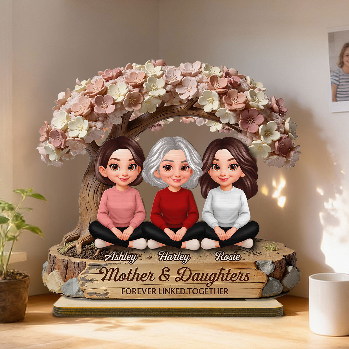 Mom And Daughter Son Under Blossom Tree - Personalized 2-Layered Wooden Plaque - Gift For Mom