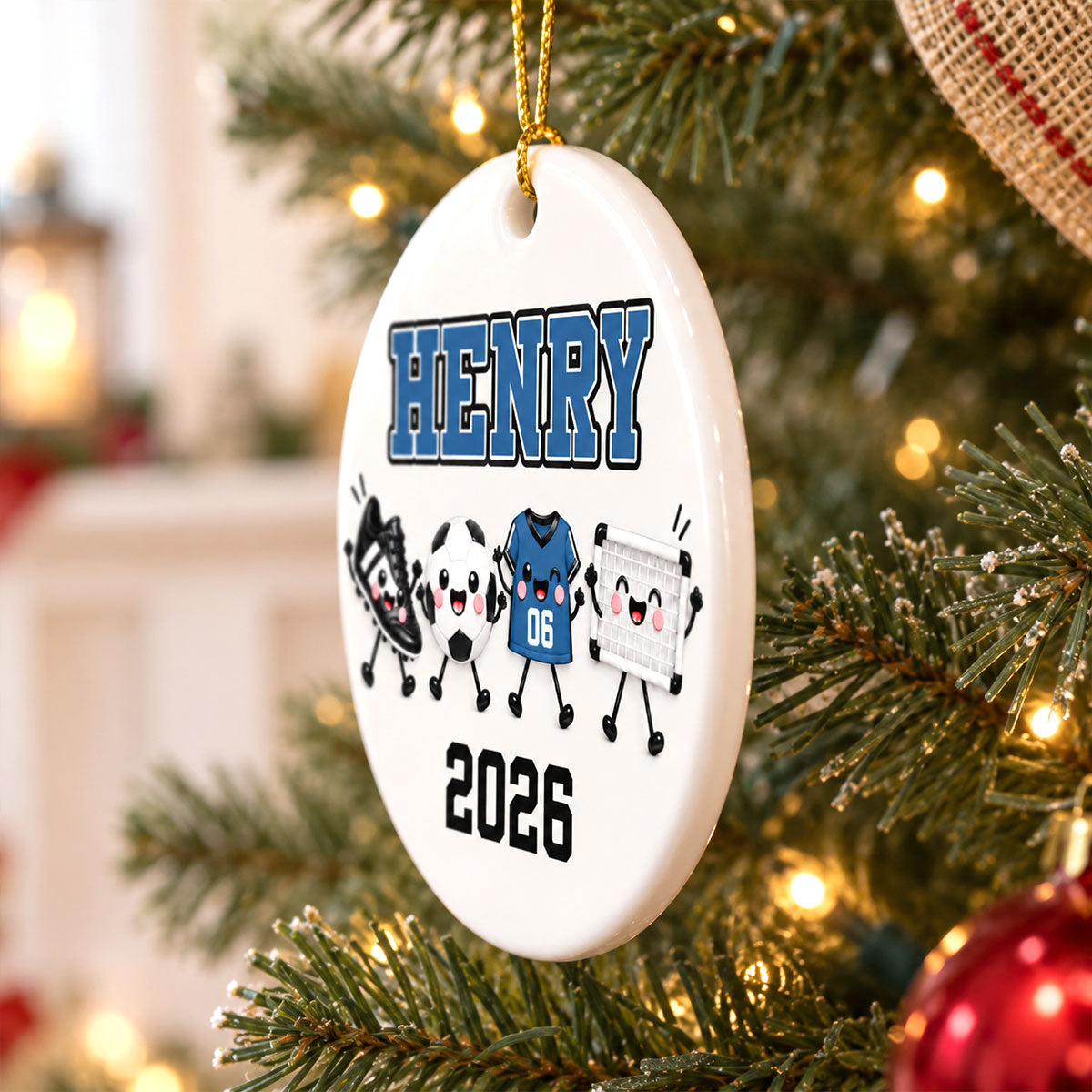 Soccer Things 2D Flat - Personalized Ceramic Ornament – Custom Name Soccer Christmas Keepsake Gift for Player, Son, Daughter, Teen & Soccer Fan