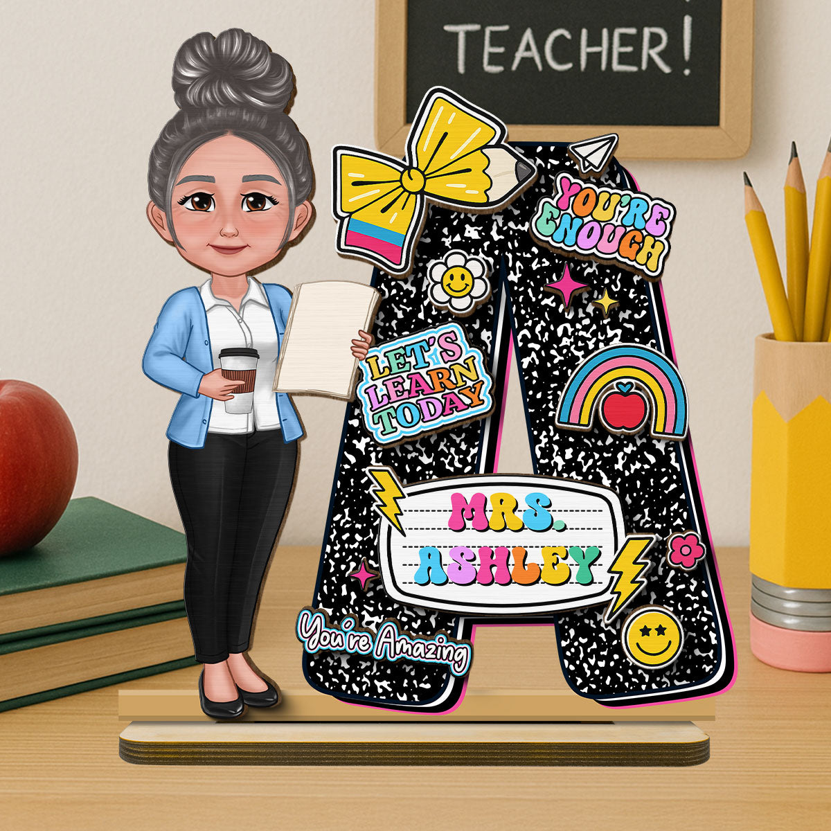 Teacher Composition Book Pattern Letter Personalized 2-Layer Standing Wooden Plaque, Back To School Gift
