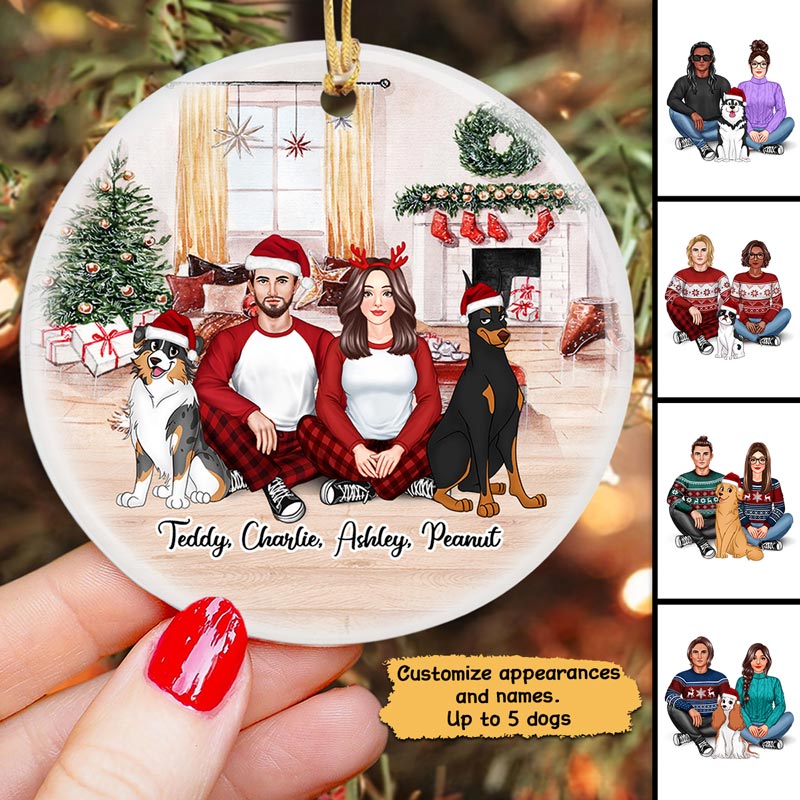 Couple & Dogs Front View In House Personalized Circle Ornament