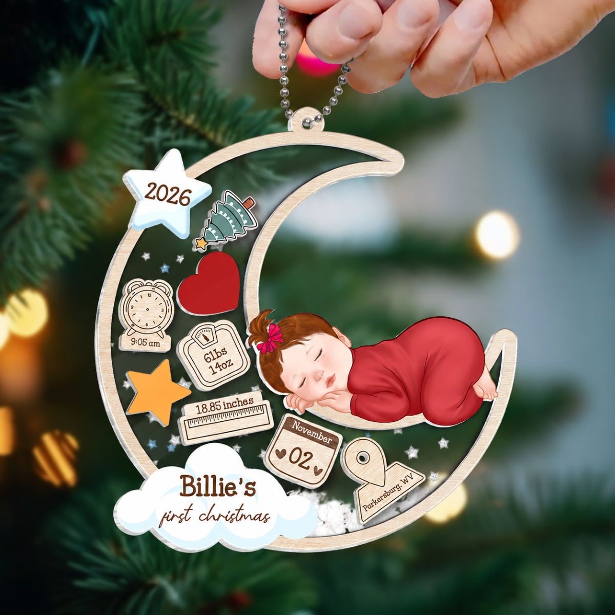 Baby Sleeping On Moon First Christmas Personalized 4D Shaker Ornament, Custom Newborn Gift