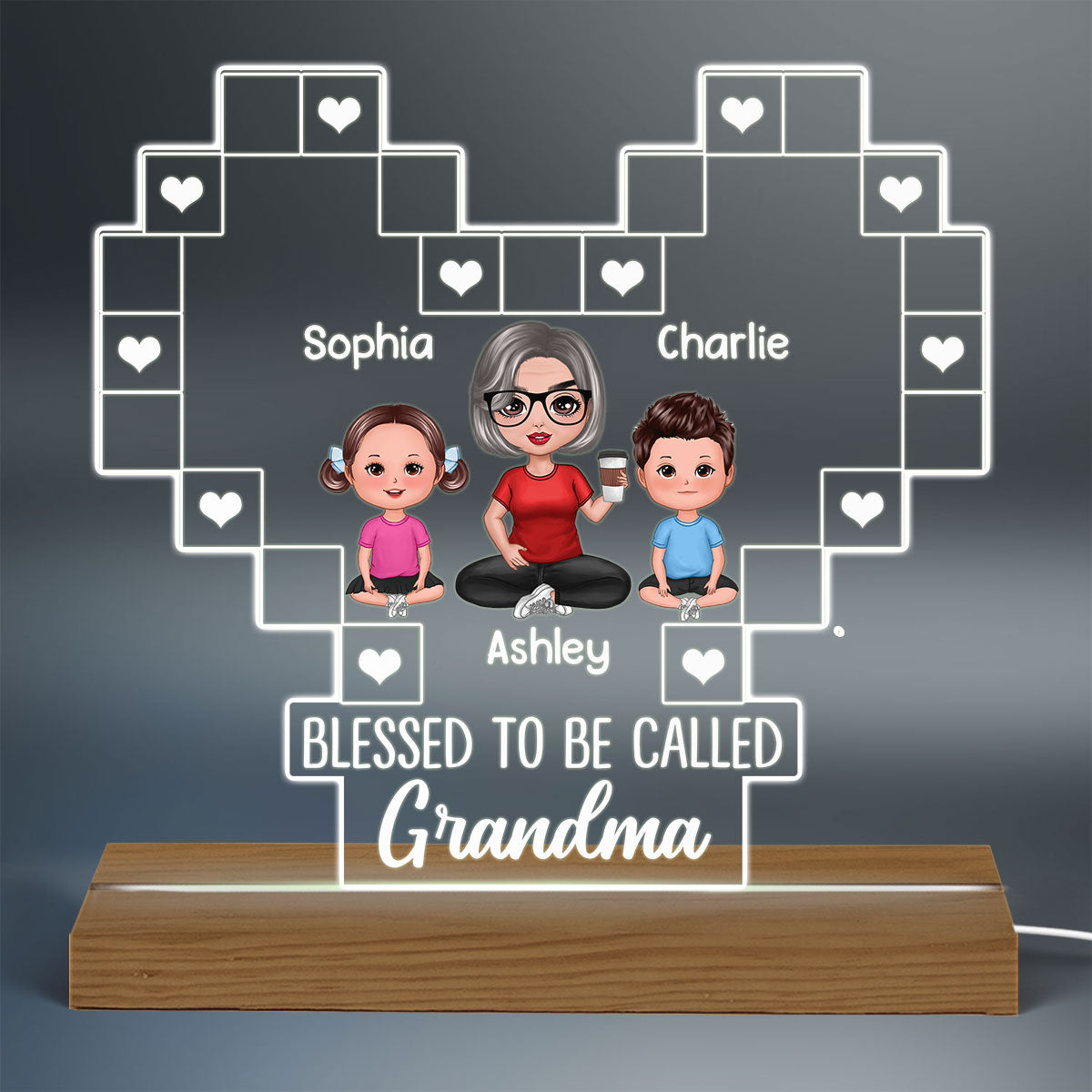 Grandma Heart Blessed Personalized Heart Acrylic LED Night Light