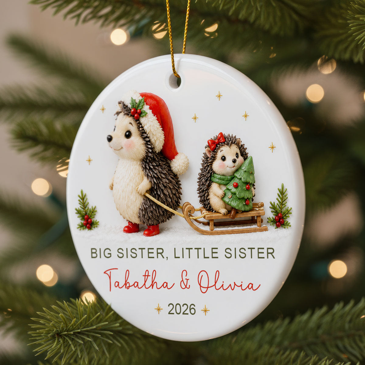 Big Sister Little Brother Sister Hedgehog 2D Flat - Personalized Ceramic Ornament - Christmas Keepsake