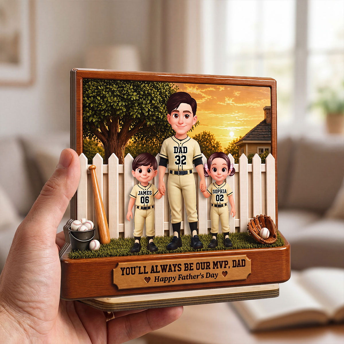 Baseball Dad And Kids Backyard We Caught The Best Dad - Personalized 2-Layered Wooden Plaque - Father's Day Gift For Dad