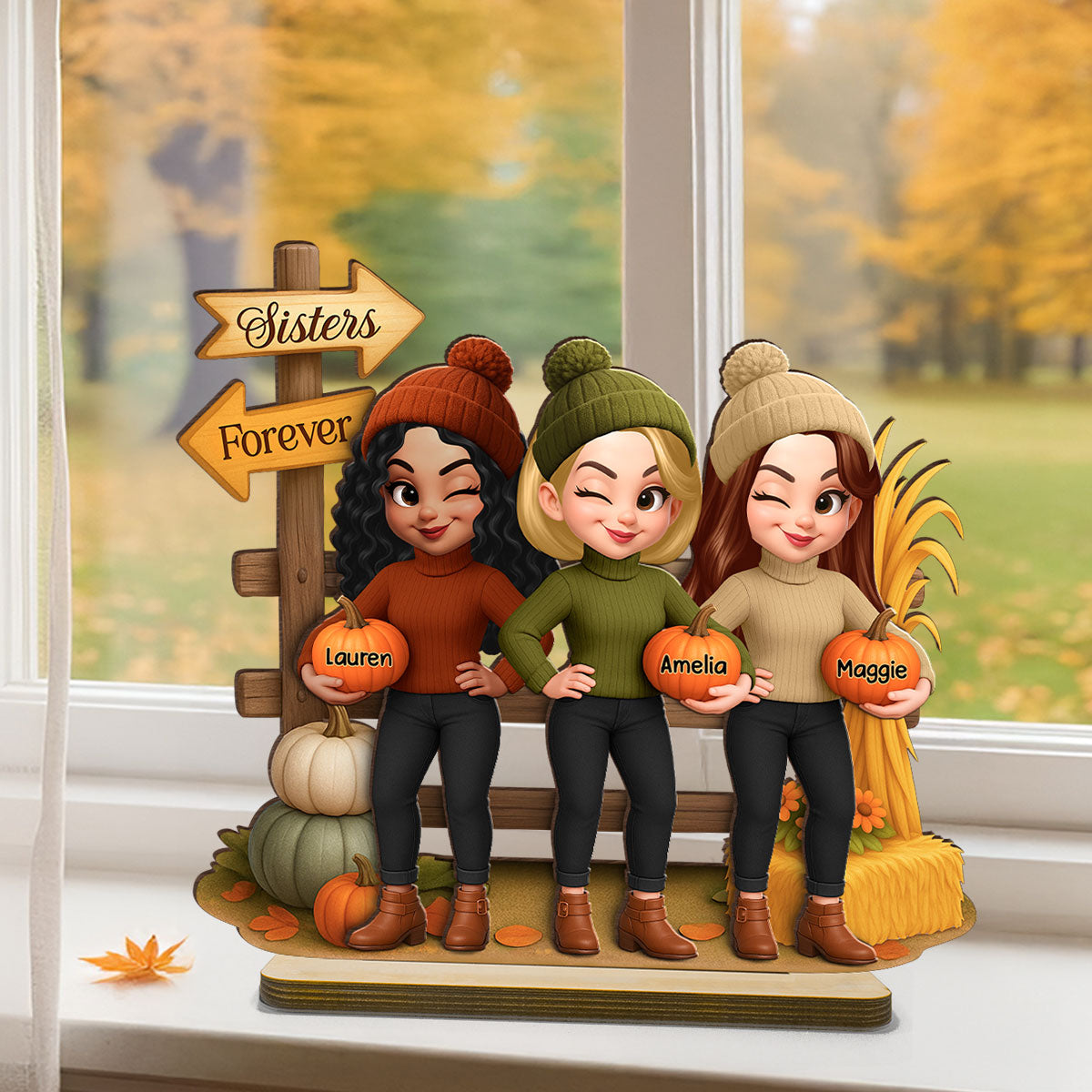 Besties Sisters Fall Season Fence Pumpkin Patch Personalized Standing Wooden Plaque