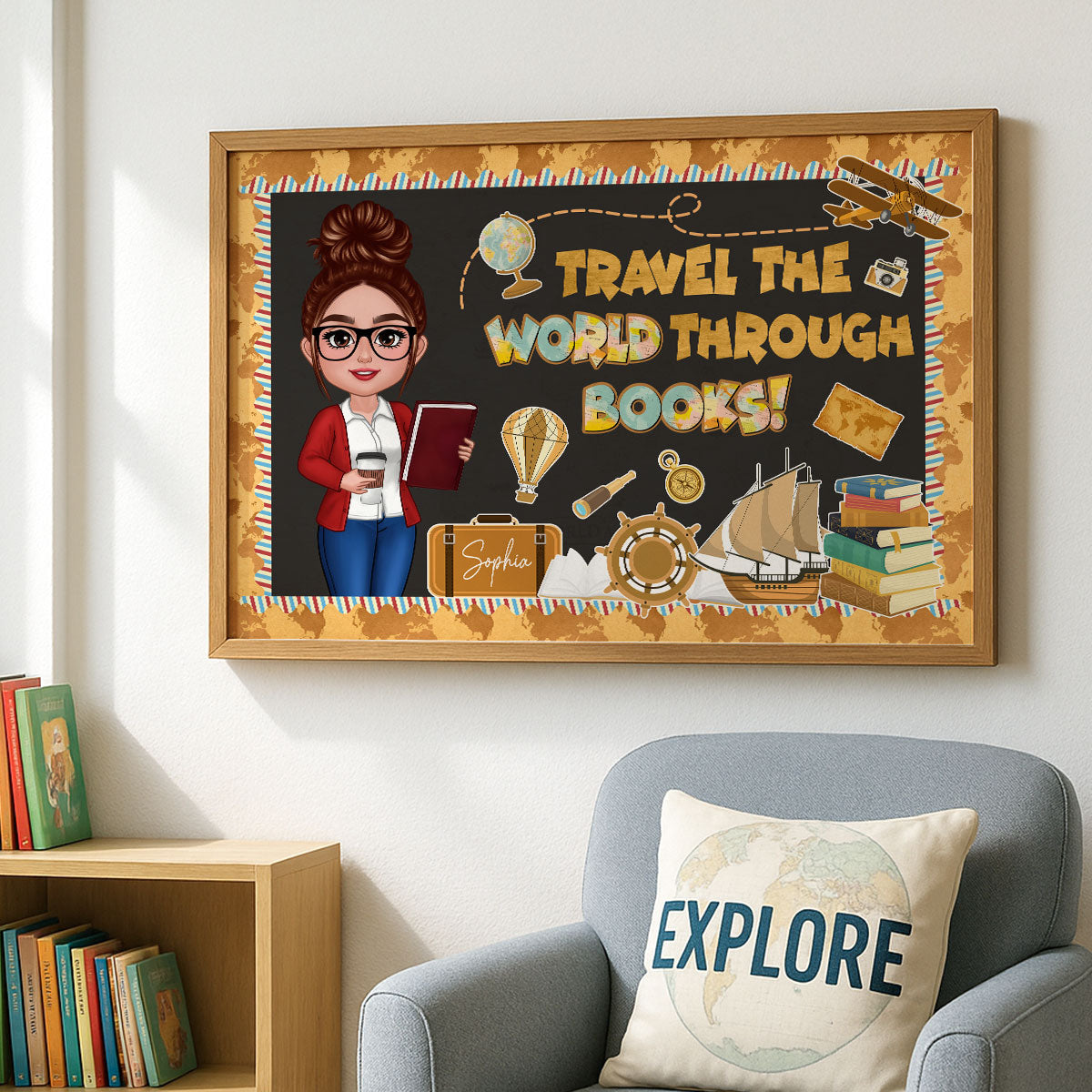Travel The World Through Books Teacher Personalized Poster, Classroom Reading Corner, Library Decoration