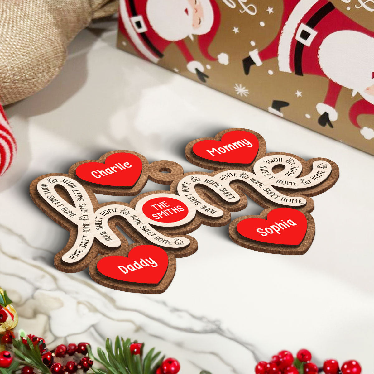 Home Sweet Home Hearts Personalized 2-Layer Wooden Orrnament, Christmas Gift for Family