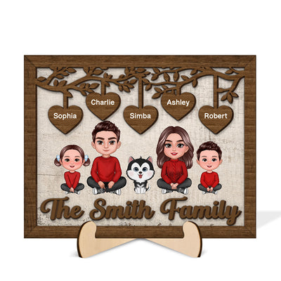 Family Sitting Crossed Legs Under Tree Personalized 2-layered Wooden Plaque