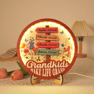 Grandma Flower Garden Grandkids Names Sign Personalized 3-Layer Wooden Plaque With LED, Gift for Mom, for Grandma