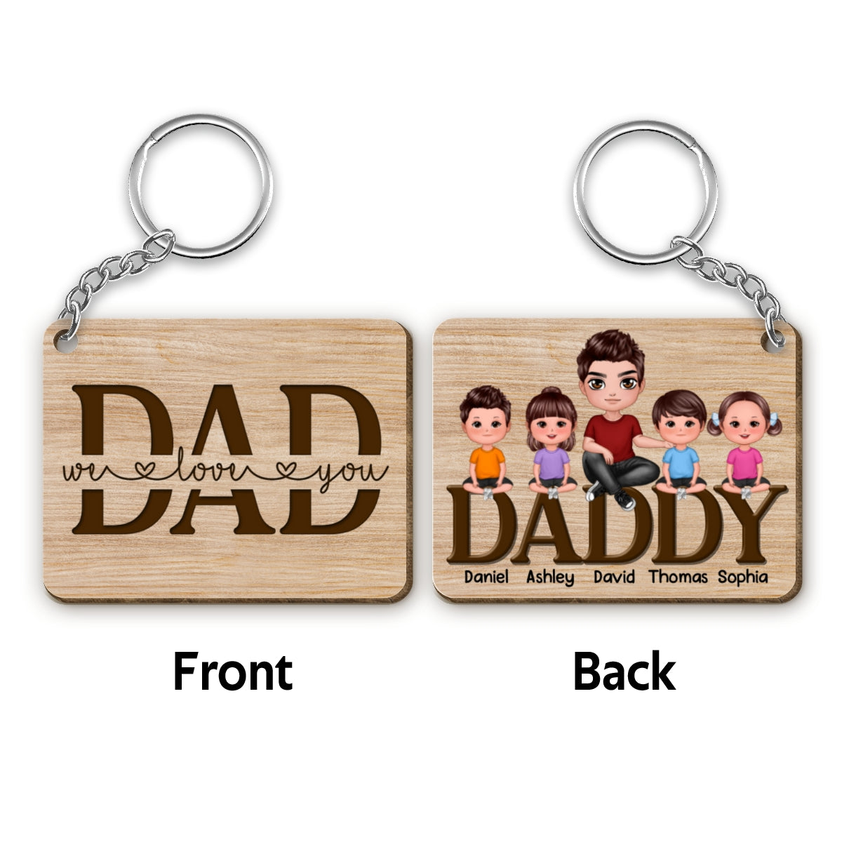 Best Dad Ever Doll Man Kids Dog Cat Sitting On Word Personalized Wooden Keychain