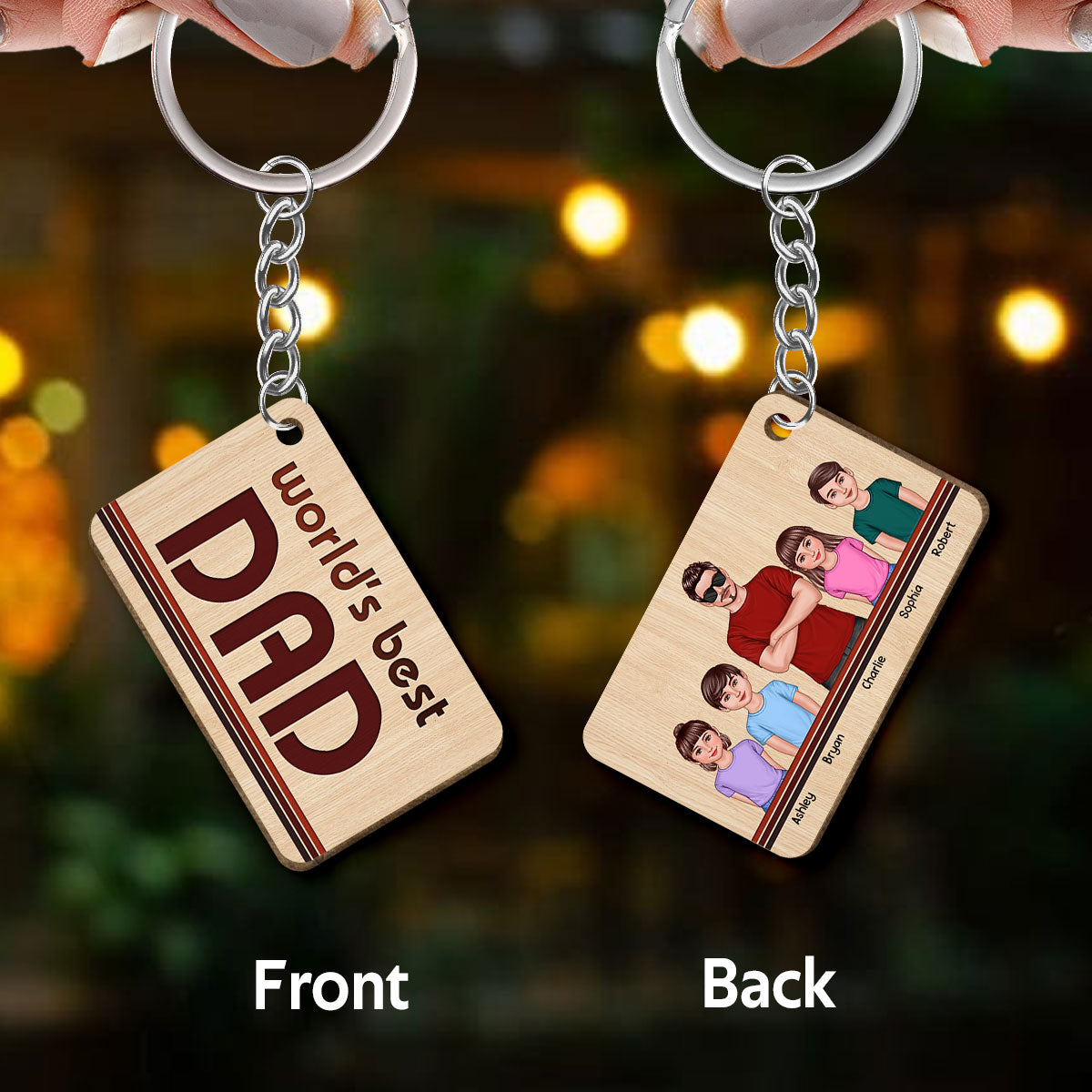 World‘s Best Dad Red Brown Black Line Dad And Kids Standing Front View Personalized Wooden Keychain
