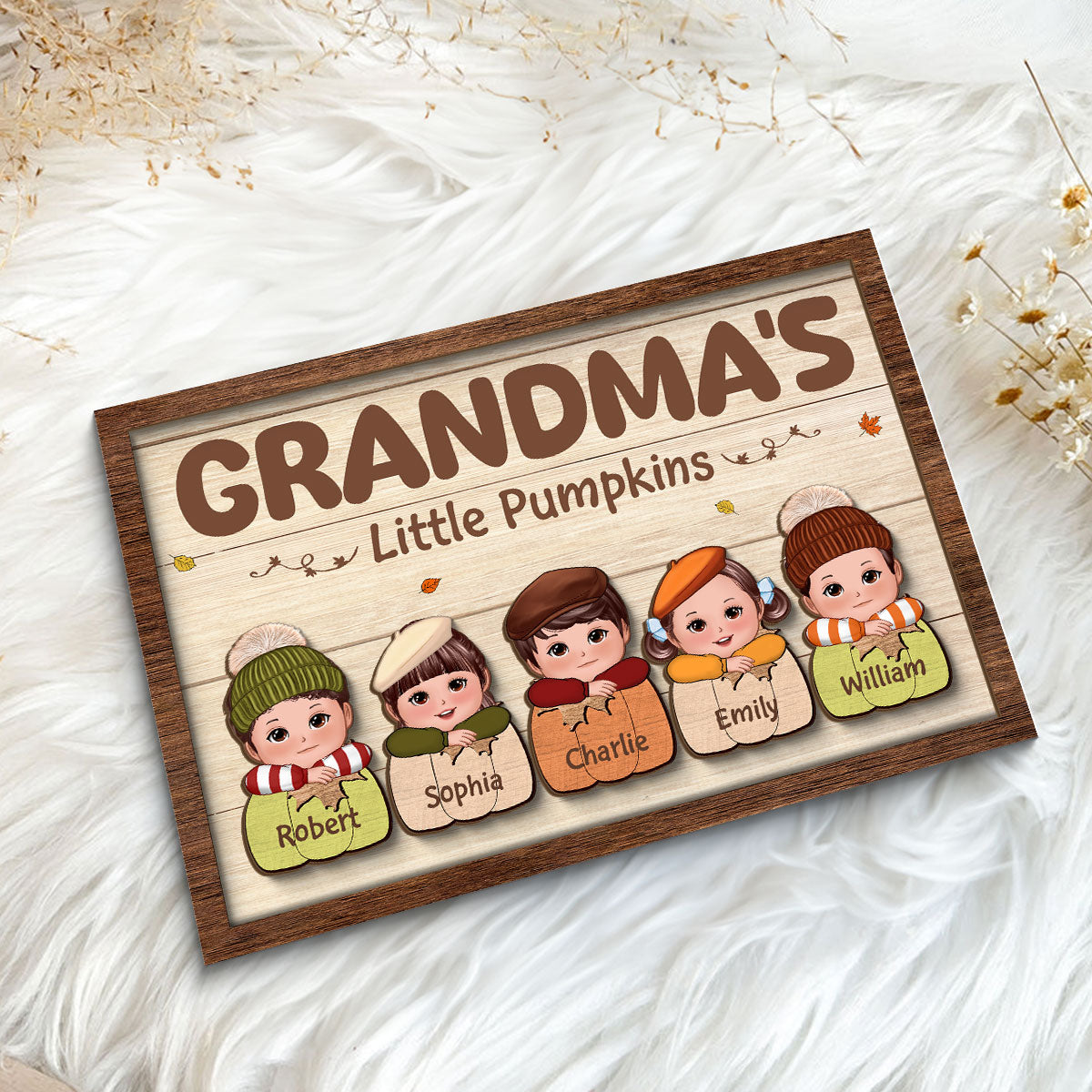 Cute Kids Grandma's Little Pumpkins Personalized 2 Layer Wooden Plaque