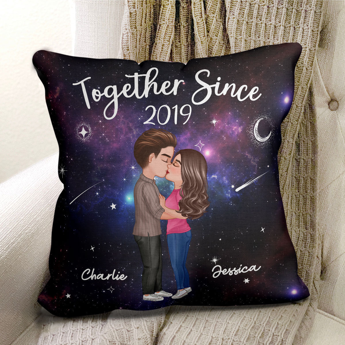 Doll Couple Kissing In Galaxy Night Personalized Pillow