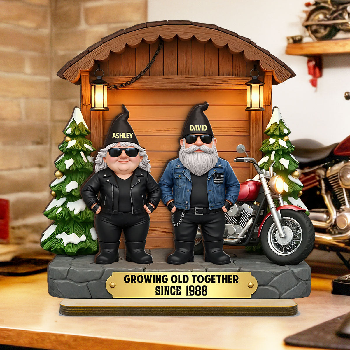 Growing Old Together Biker Couple - Personalized 2-Layered Wooden Plaque - Anniversary, Valentine's Day Gift, Gift For Him, Gift For Her