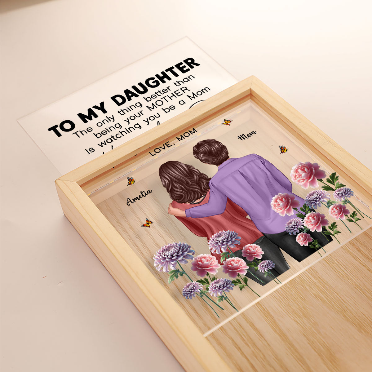 To My Daughter From Mom Happy Mother's Day Birth Flower Personalized Wooden Frame LED Light Box, Gift For Daughter