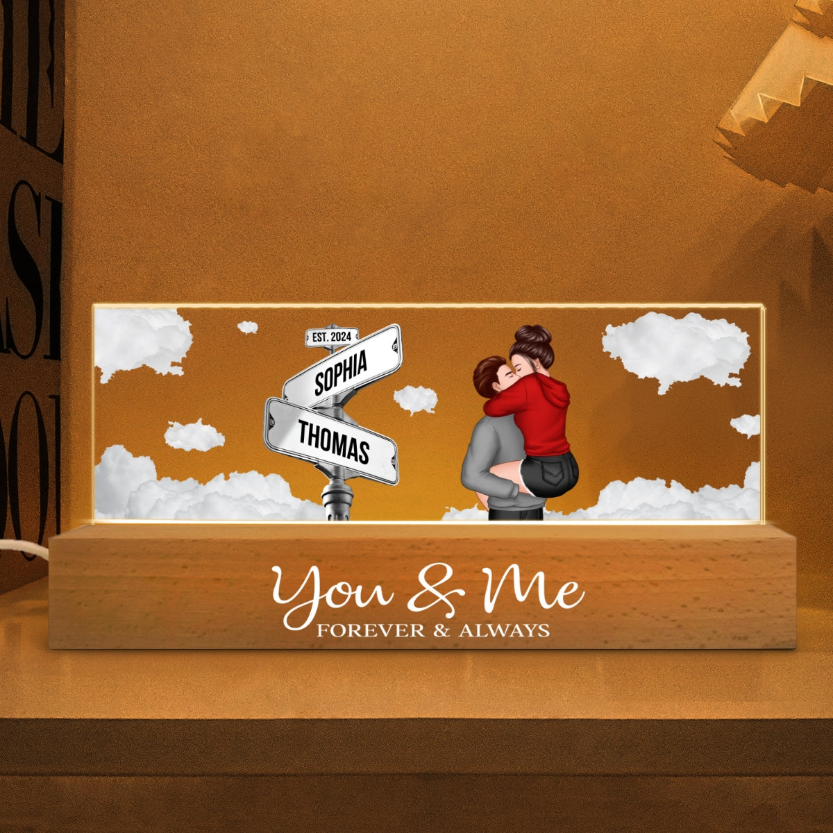 Couple Kissing Beside Street Signs Personalized Acrylic Block LED Night Light, Gift For Him, For Her, Boyfriend, Girlfriend, Husband, Wife