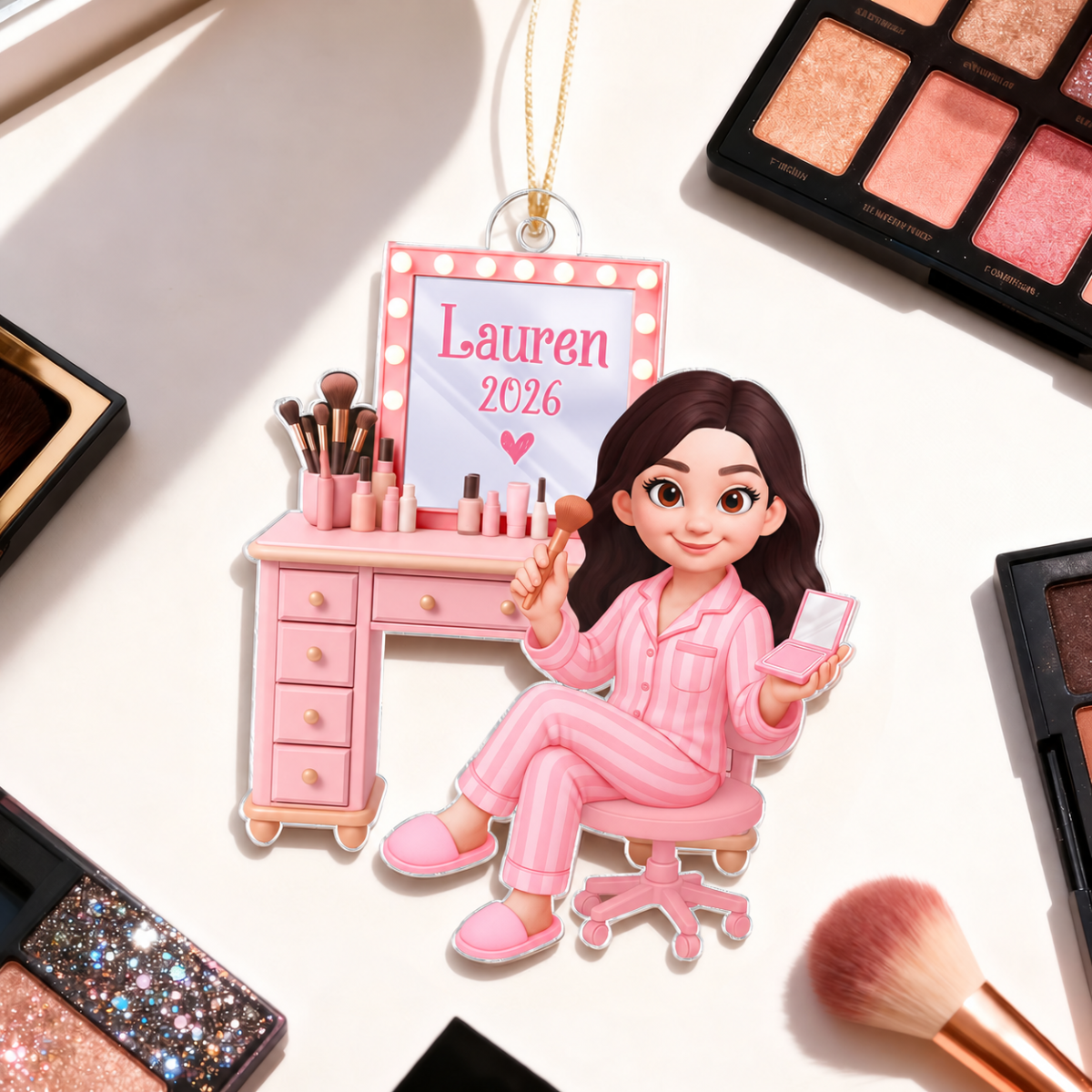 Pink Girl Makeup 3D Effect - Personalized Acrylic Ornament - Christmas Gift for Daughters, Granddaughters, Teen Girls