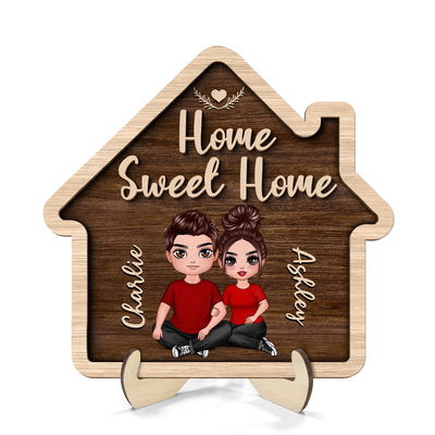 Home Sweet Home Couple Sitting House Shaped Personalized 2-layer Wooden Plaque