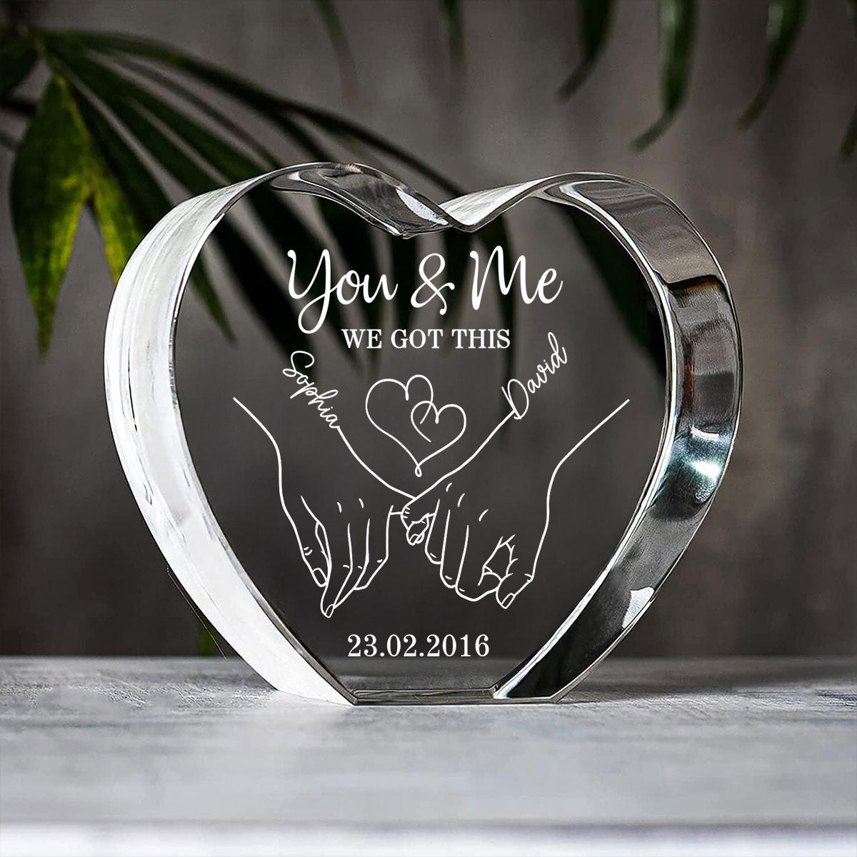 Couple Holding Hands Outline Personalized Premium Crystal Heart LED, Valentines Day Gift, Anniversary Gift for Him, for Her