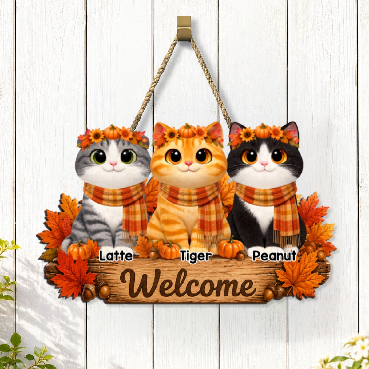 Fall Cats Welcome Door Sign - Personalized Door Sign - Fall Season Decor Gift, Gift For Cat Lovers