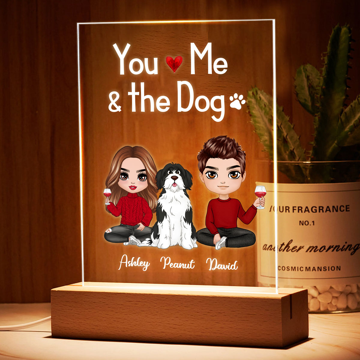 Doll Couple Sitting With Dogs You Me And The Dogs Personalized Rectangle Acrylic Plaque LED Lamp Night Light