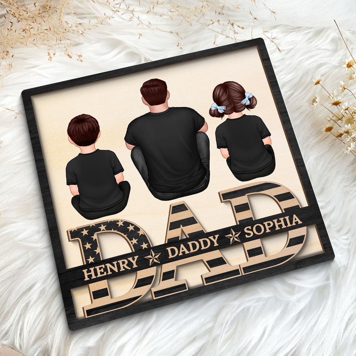 Grandpa Dad Kids Sitting On Text Nation Flag Personalized 2-Layer Wooden Plaque