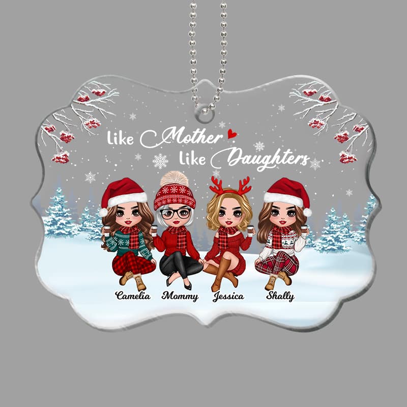 Doll Mother & Daughters Sitting In Snow Personalized Acrylic Ornament