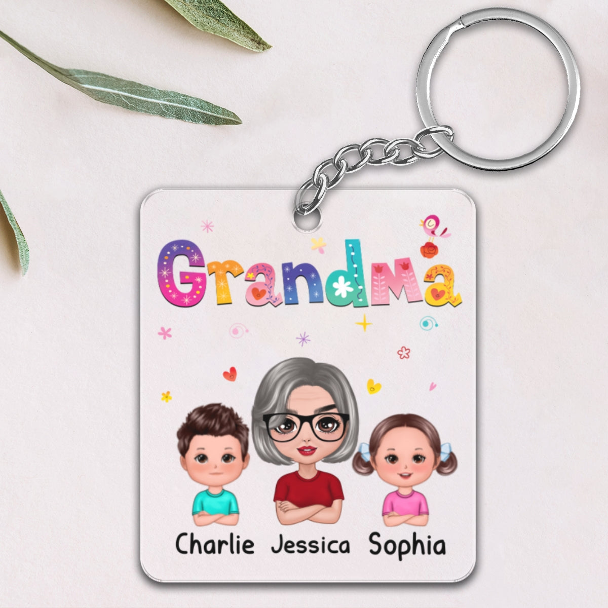 Colorful Floral Pattern Grandma Mom Auntie With Kids Personalized Acrylic Keychain