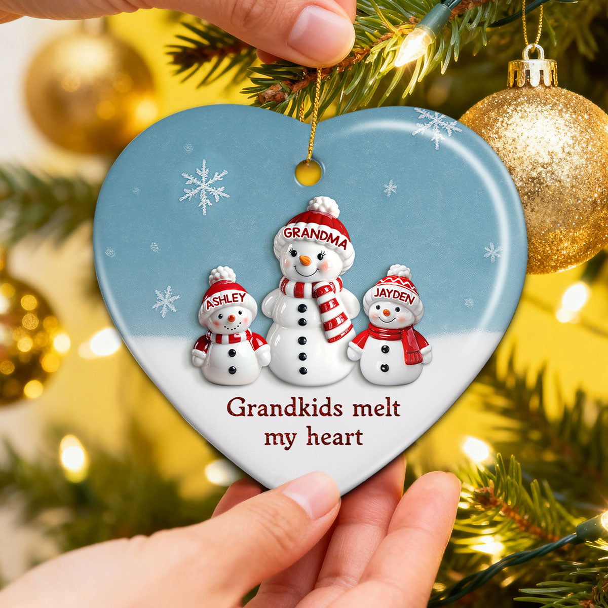 3D Effect Snowman Grandma & Grandkids - Personalized Ceramic Ornament - Christmas Gift For Grandchildren, Grandma