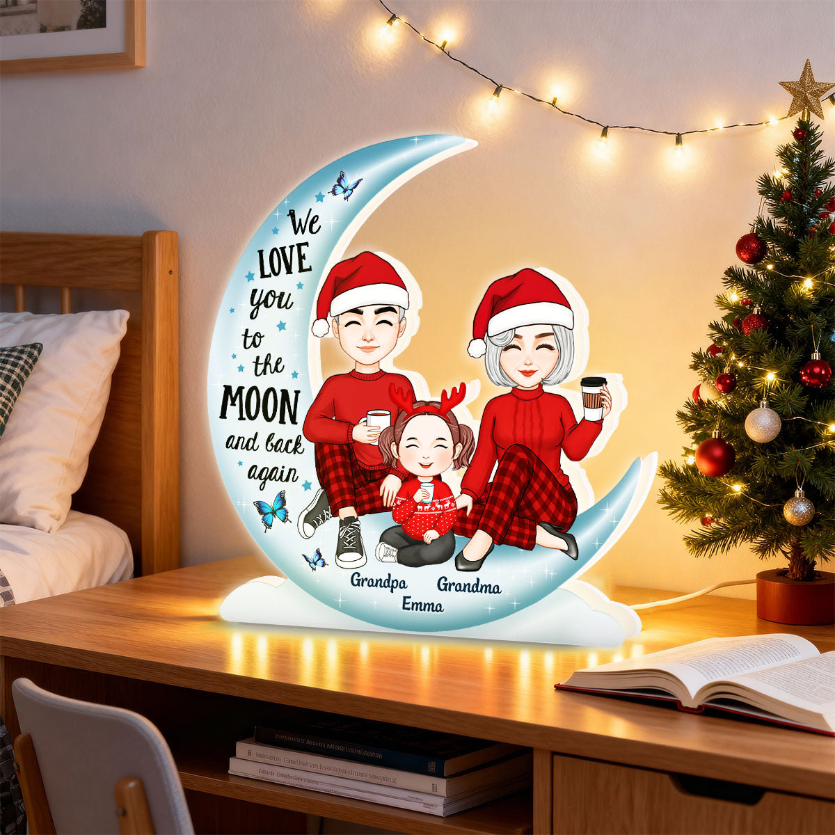 Cute Grandma Grandpa Grandparents & Grandkid On Moon - Personalized Light Box
