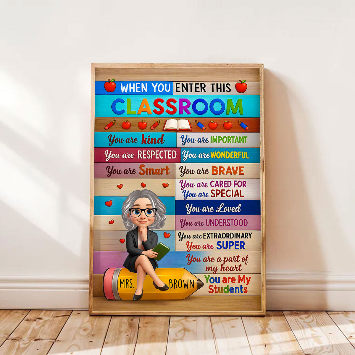 3D Cartoon Teacher Sitting On Pencil Personalized Poster, Classroom Decoration, Back To School Gift For Teacher