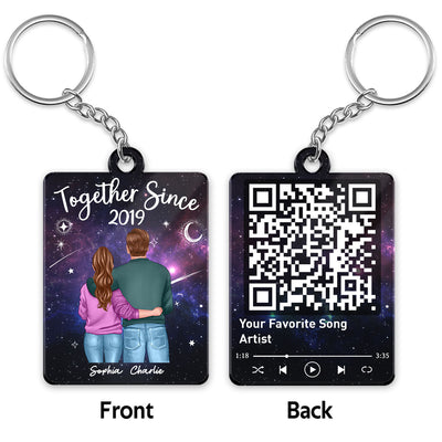 Back View Couple Standing Hugging In Galaxy Night Favorite Song Scannable QR Code Personalized Acrylic Keychain