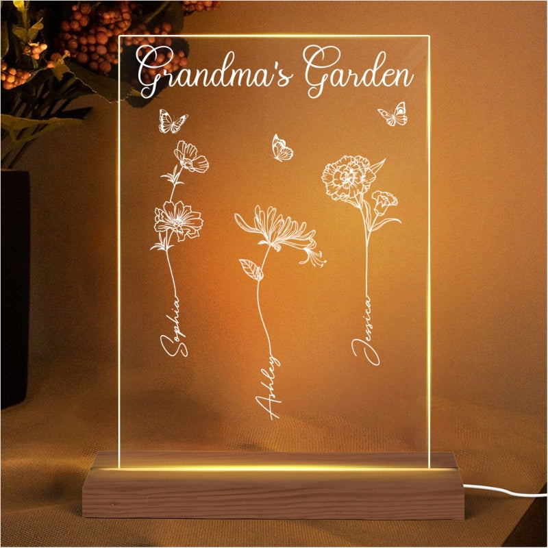Grandma Mom Garden Birth Month Flowers Personalized Plaque LED Night Light