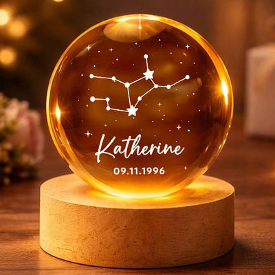 Birthday Zodiac Constellation Astrology Star Sign Art - Personalized Crystal Ball LED Night Light - Birthday Gift, Keepsake