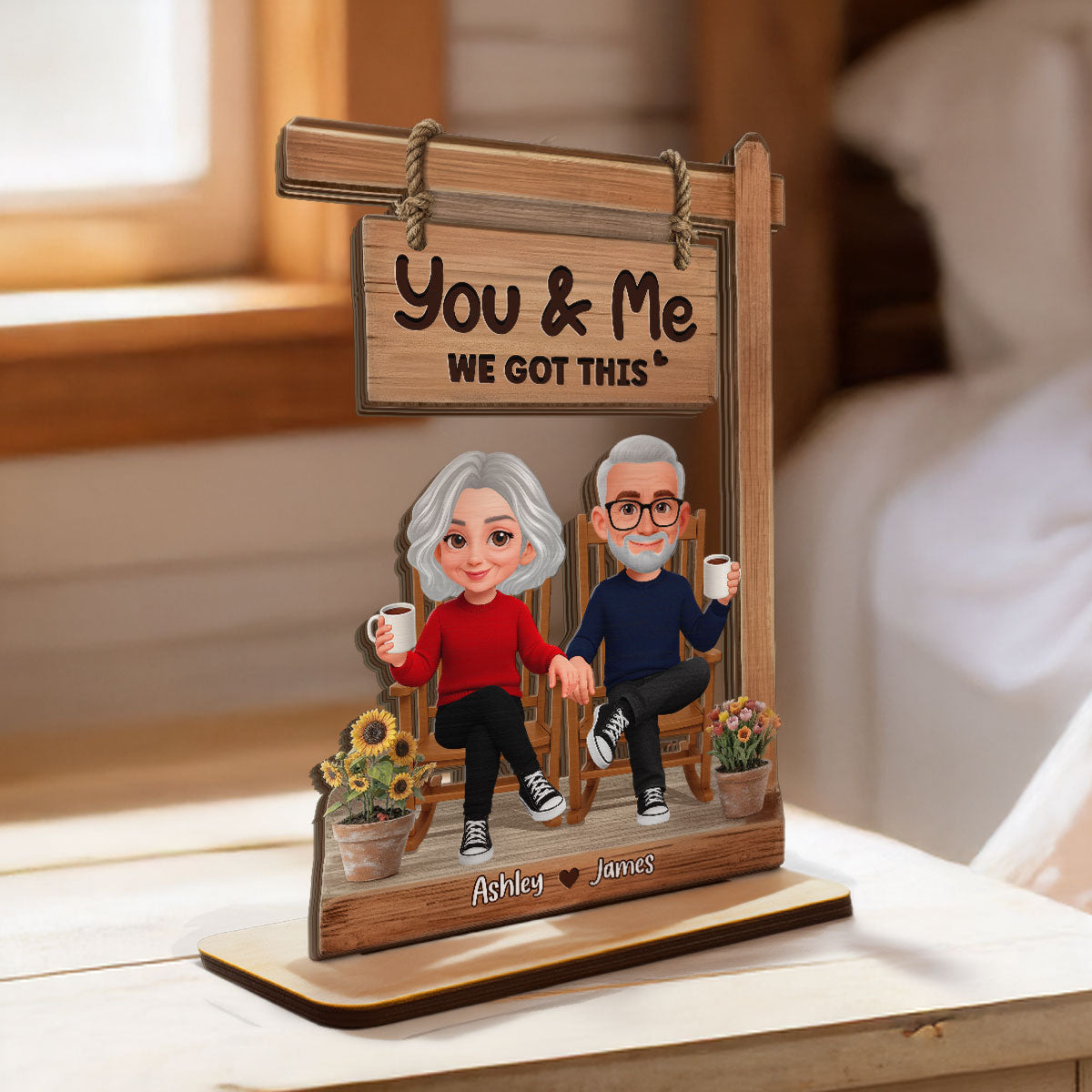 3D Effect Old Couple Sitting Together - Personalized 2-Layered Wooden Plaque - Anniversary, Valentine's Day Gift For Him, Gift For Her