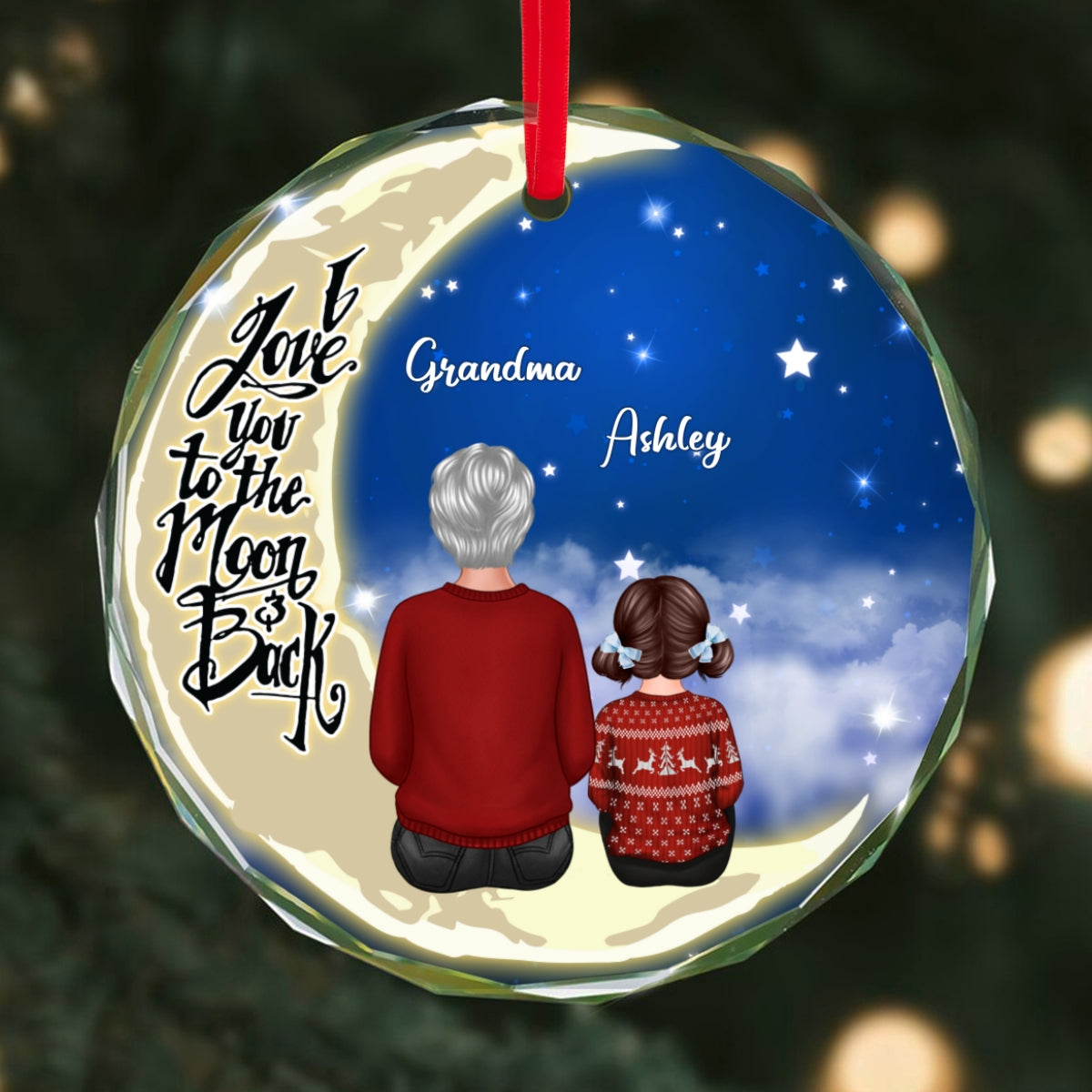 Grandma Grandkids On Moon Personalized Glass Ornament, Christmas Gift for Grandkids, Granddaughter Grandson, Gift for Grandma