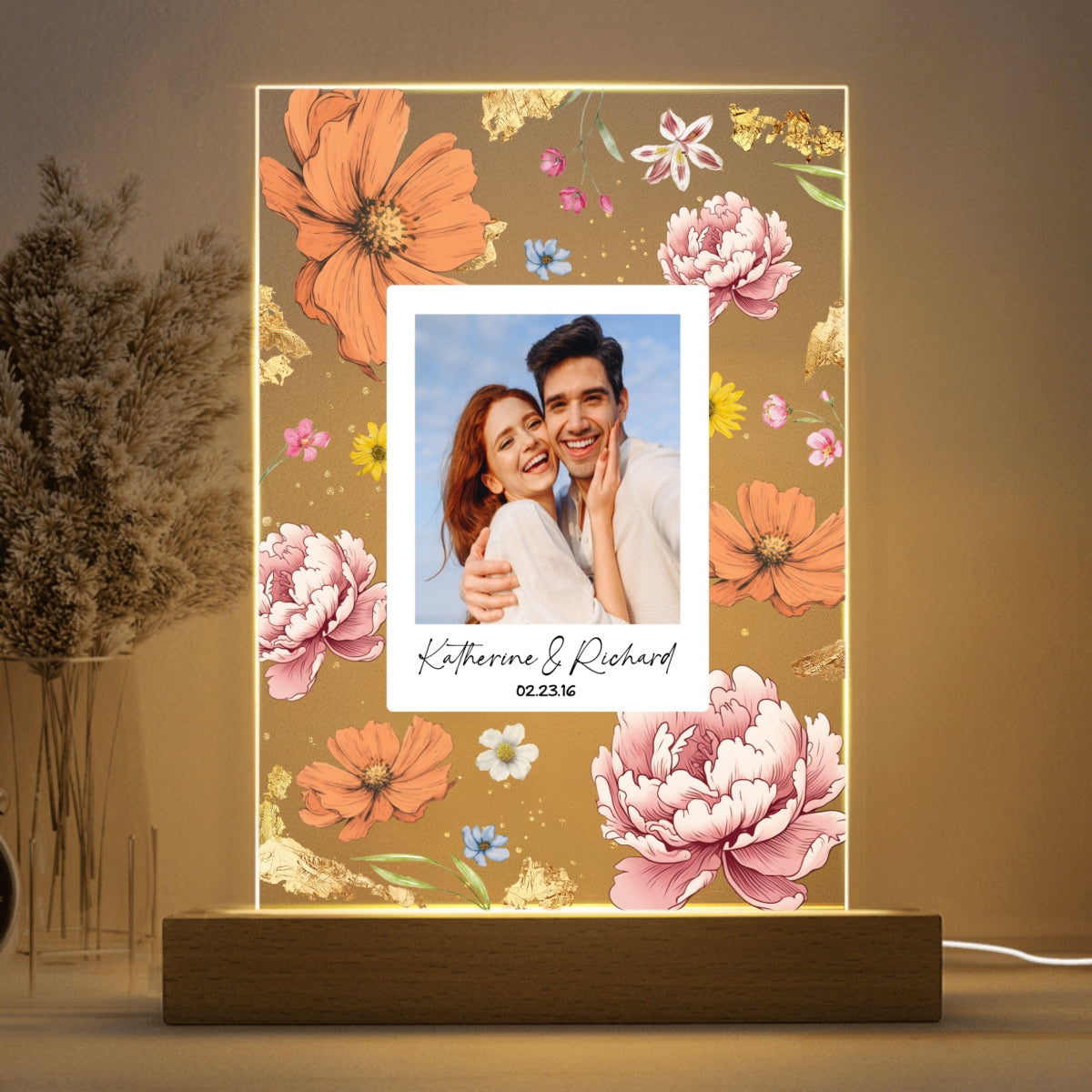 Couple Upload Photo Birth Month Flowers Personalized Acrylic LED Night Light, Anniversary Gift,  Gift