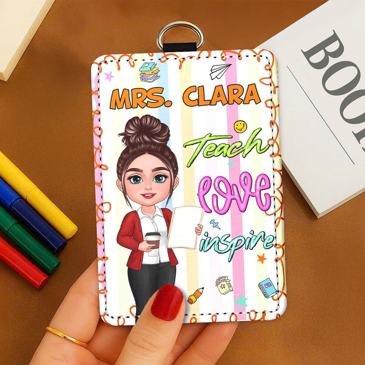 Teach Love Inspire Preppy School Teacher Personalized ID Badge Holder, Back To School Gift For Teacher